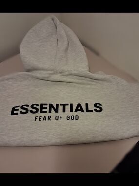 Fear of God Essentials Hoodie in Light Gray with Black Print